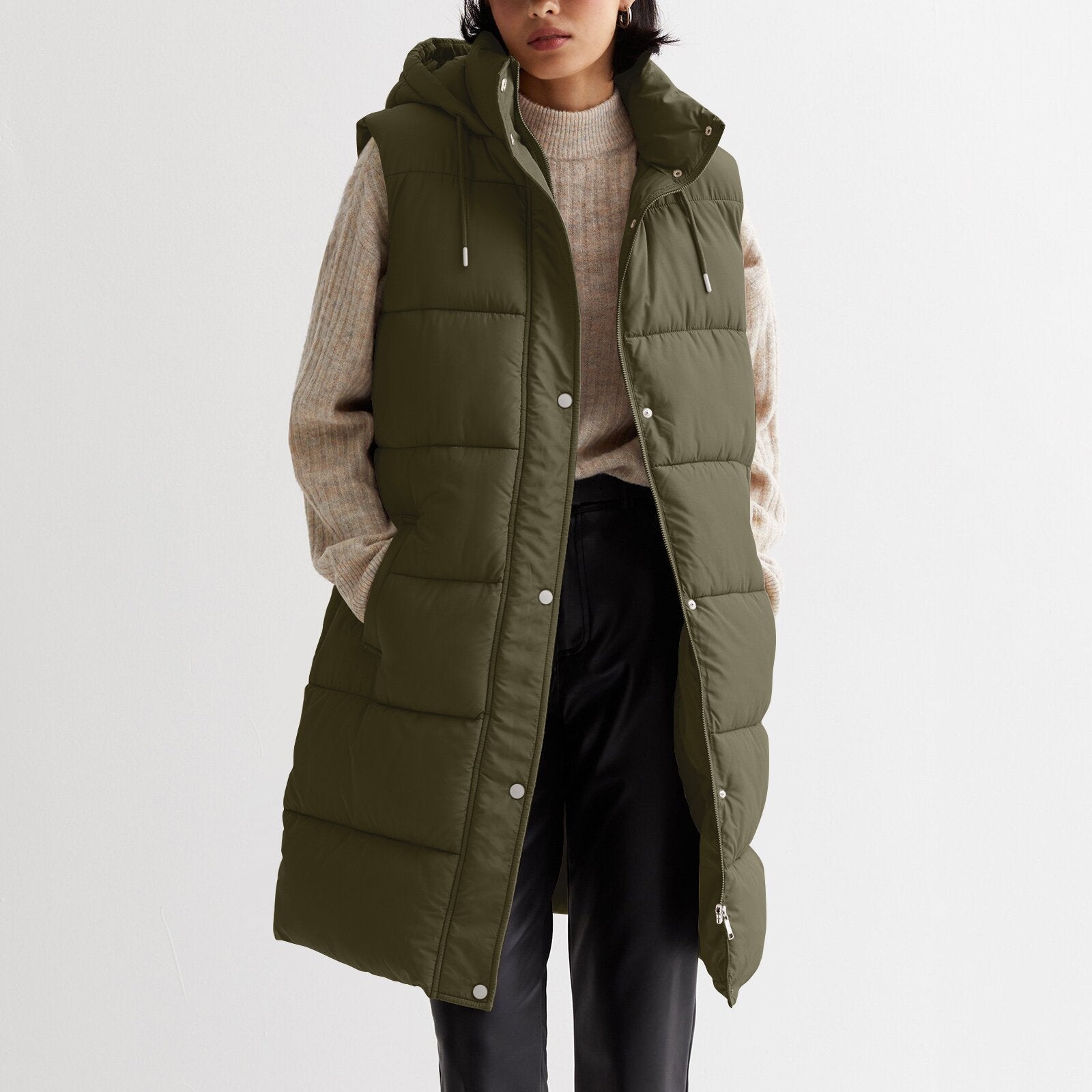 Solid Color Mid-length Vest Hooded  Coat