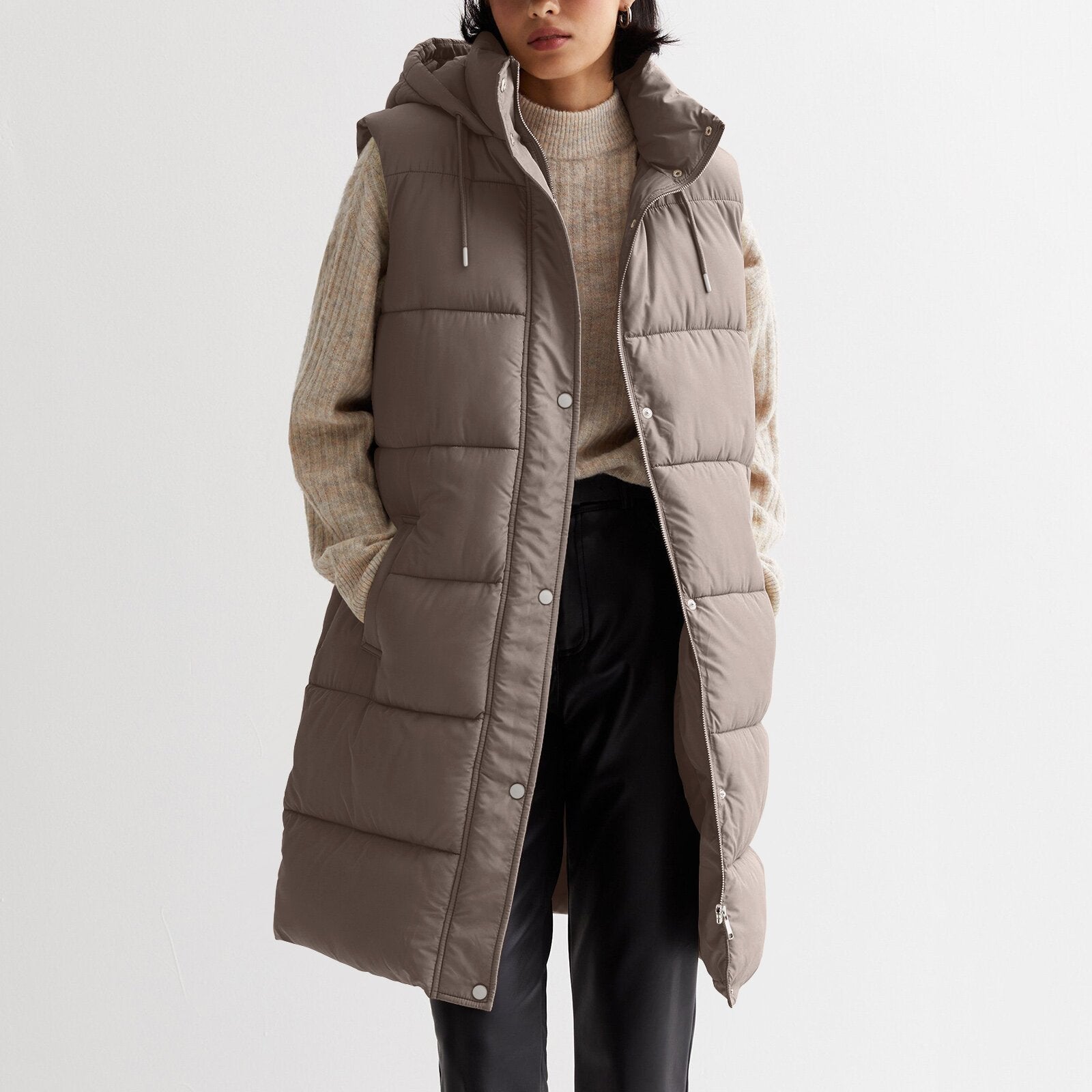 Solid Color Mid-length Vest Hooded  Coat