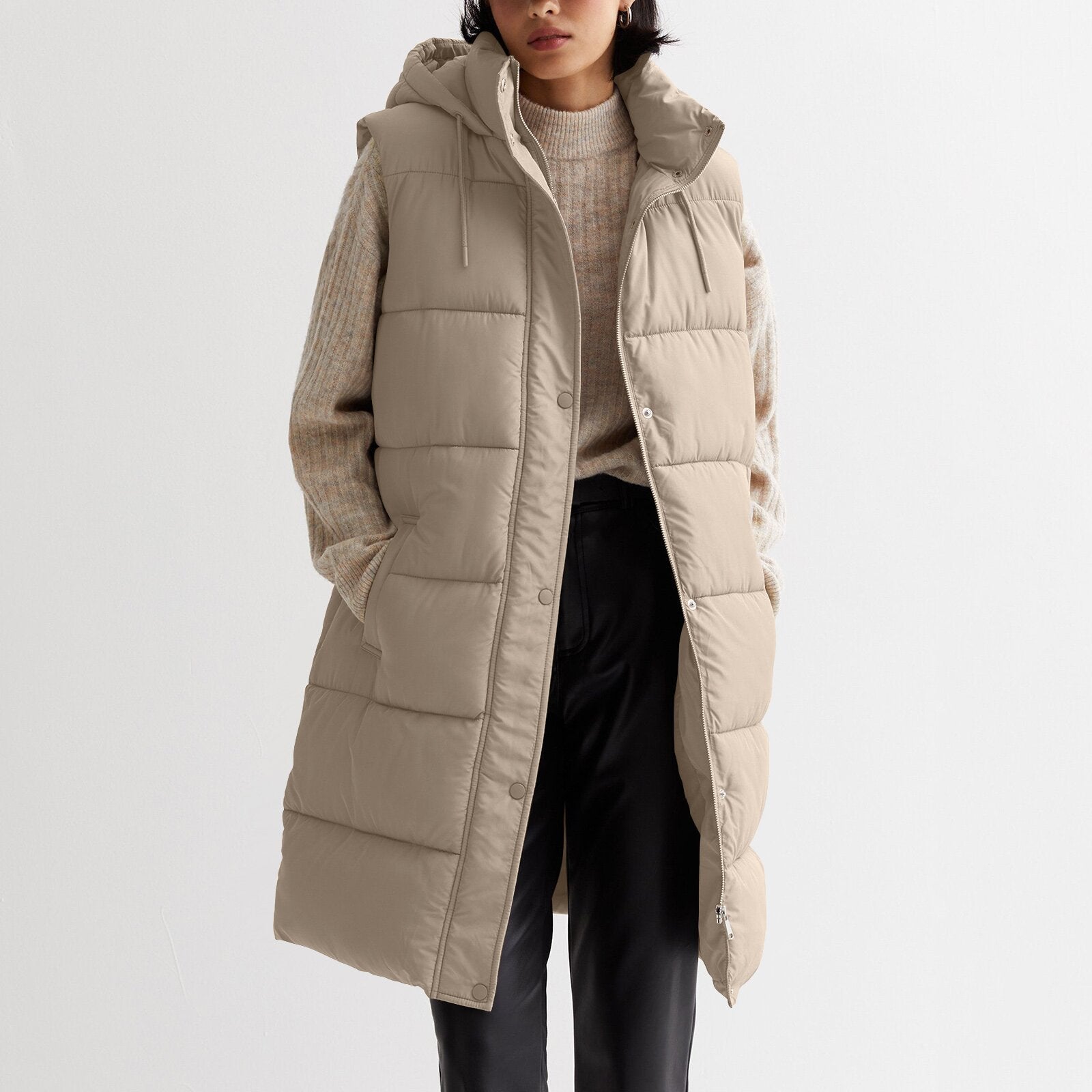 Solid Color Mid-length Vest Hooded  Coat