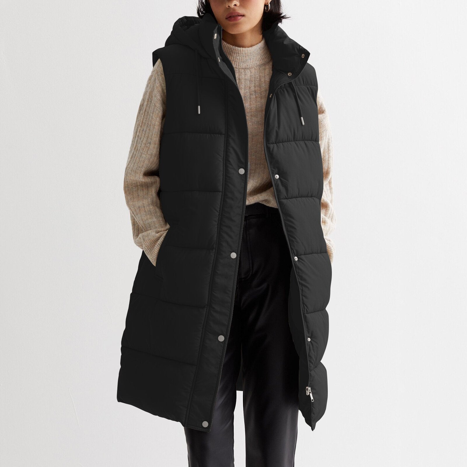 Solid Color Mid-length Vest Hooded  Coat