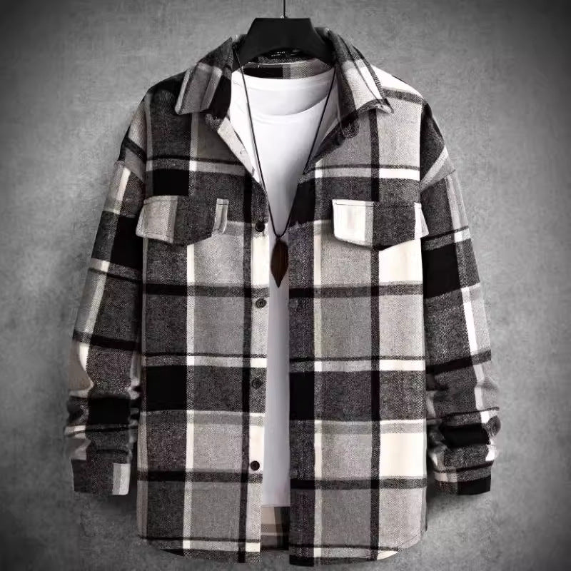 FallWinter Slim Brushed Plaid Long Sleeve Flannel Shirt Men